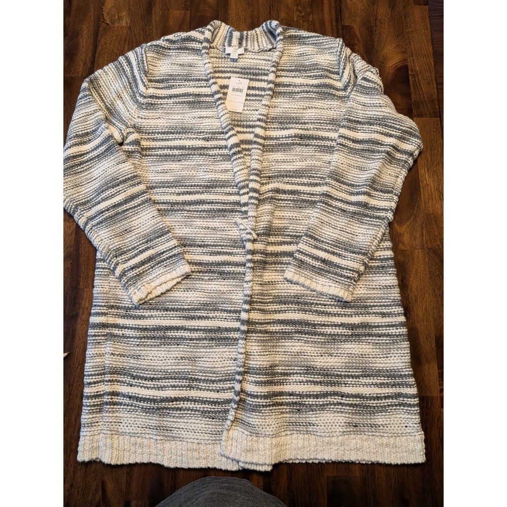 J.Jill Women's L Cream Gray Metallic Stripe Long Open Cardigan Sweater NWT Cozy